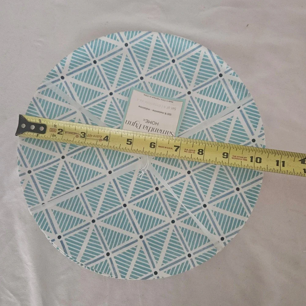 Samantha Pynn Home Melamine Dinner Plates Set 4 Teal Geometric Triangle 10.5in